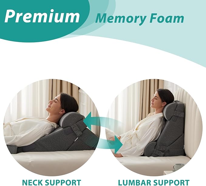 Bedluxe Adjustable 4pcs Bed Wedge Pillow Set, Memory Foam Wedge Pillow Post Surgery for Back, Neck, Leg Pain Relief, Pillow Wedge for Sleeping, Sitting up in Bed, Acid Reflux and GERD, Dark Grey