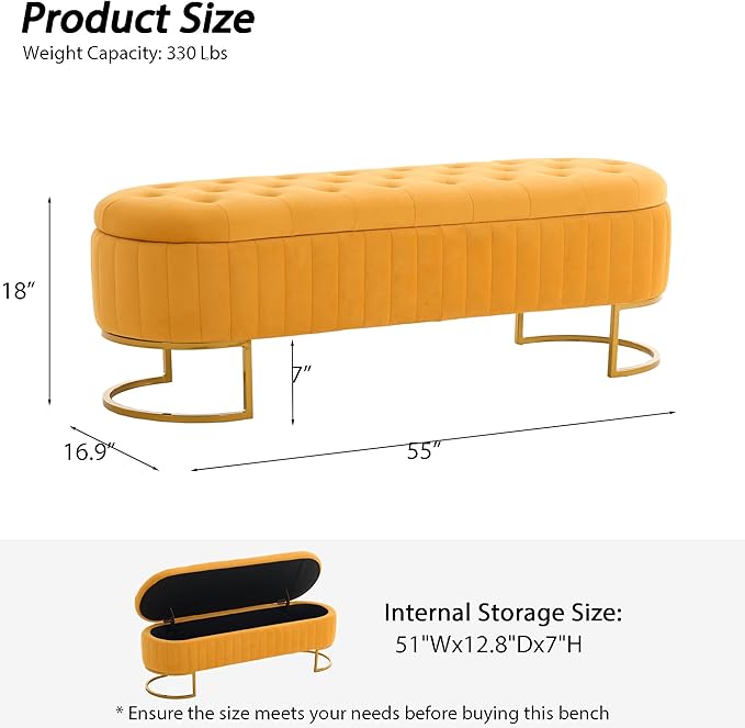 Velvet Storage Bench for Bedroom, Modern Tufted End of Bed Bench for King Size Bed, Upholstered Long Ottoman Bench with Gold Legs for Living Room/Entryway (Mustard Yellow, 55" W)