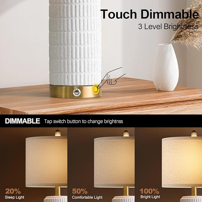 PoKat Stone-Like Ceramic Table Lamps with USB Ports for Bedroom, 25'' Matte-White Dimmable Nightstand Touch Lamps for Night Stands with Gold Base, Farmhouse Lamps for Living Room End Side Table