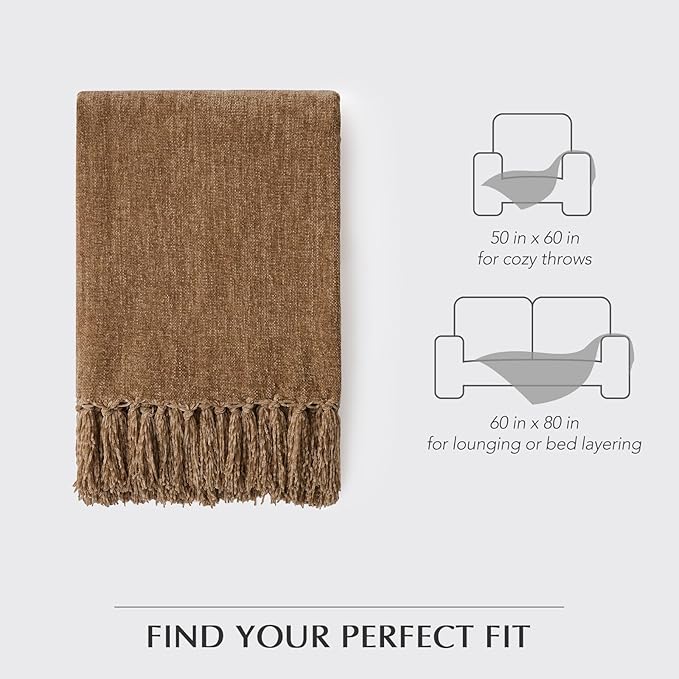 EVERGRACE Soft Chenille Throw Blanket for Couch, Cozy Plush Fuzzy Decorative Chenille Knit Throw Blanket with Tassels, Lightweight Blanket and Throws for Bed Sofa Gift Home Decor, Khaki 50"x60"