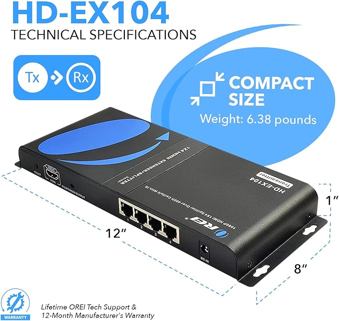 OREI 1x4 HDMI Extender Splitter Over Single Cable CAT6/7 1080P With IR Remote EDID Management - Up to 400 Ft - Loop Out - Low Latency Black