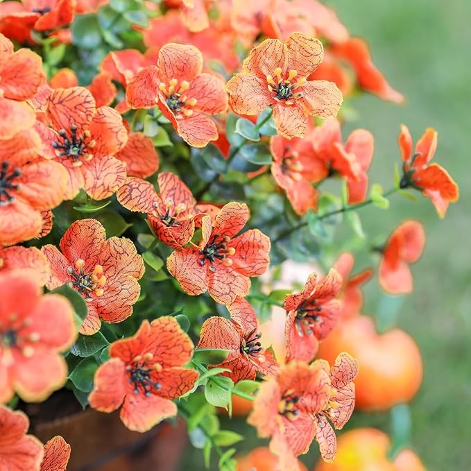 HyeFlora Artificial Flowers for Outdoor Indoor Garden Home Decoration, Faux Flower Daisy with Eucalyptus Leaves Fake Plants Greenery Boxwood Porch Patio, 12 Bundles Orange