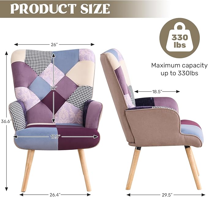 Joysoul Living Room Accent Chair Modern High Back Arm Chair, Houndstooth Pattern Bohemian Style Chairs for Bedroom Waiting Room (Purple Plaid)