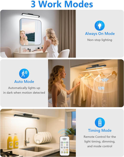 Ferswe 3W Motion Sensor Rechargeable Light Bar with Remote, Eye-Friendly Closet Lights with Battery Display, 2000mAh Makeup Lighting, Magnetic Light Bar for Cabinet, Closet, Bathroom and Desk