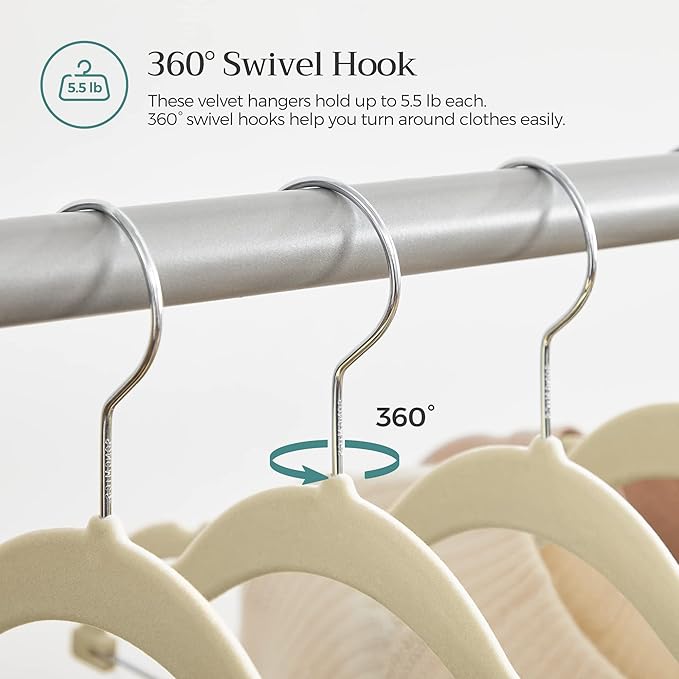 SONGMICS 20-Pack Pants Hangers, 16.7-Inch Long Velvet Hangers with Adjustable Clips, Heavy-Duty, Non-Slip Skirt Hangers, Space-Saving for Pants, Skirts, Coats, Dresses, Sandy Beige UCRF012K20