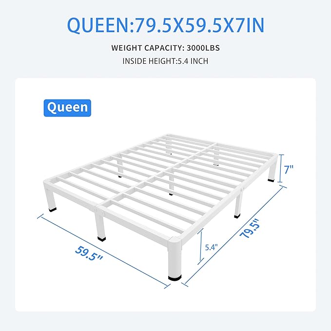 MAF 7 Inch Queen Metal Platform Bed Frame White with Round Corner Legs, Mattress Slide Stopper, 3000 LBS Heavy Duty Steel Slats Support, Noise Free, No Box Spring Needed, Easy Assembly