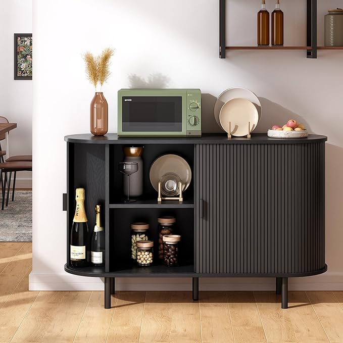 ONBRILL 48" Sideboard Buffet Cabinet with Storage, Storage Cabinet with Sliding Door & Adjustable Shelf, Modern Accent Coffee Bar Console Table for Kitchen, Entryway, Black