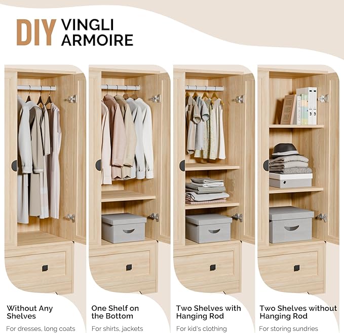 VINGLI Armoire Wardrobe Closet With Doors, Hanging Rod, Shelves and Drawer - Freestanding Cabinet for Bedroom, Dorm - Oak, 38" W x 21" D x 65" H