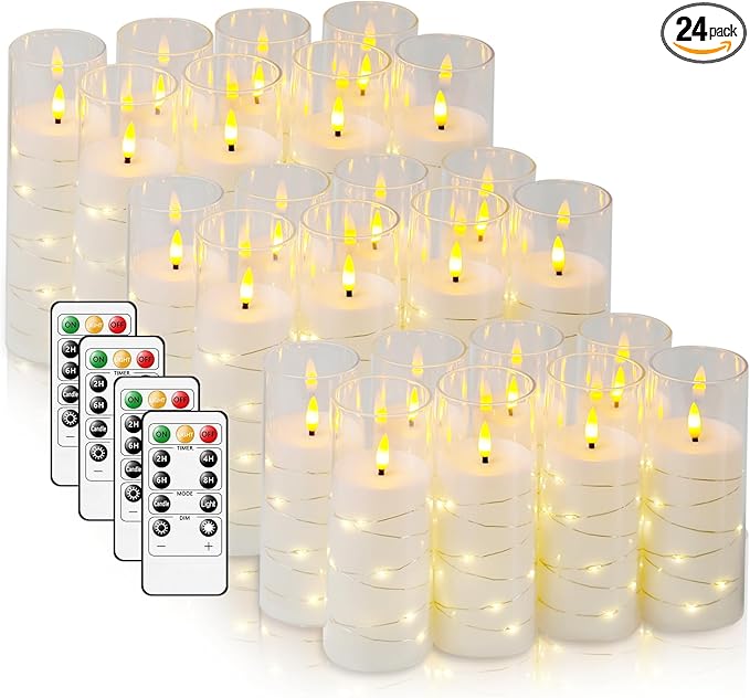 Flameless LED Candles with Timer 24 Pc Flickering Flameless Candles for Romantic Ambiance and Home Decoration Stable Acrylic Shell,with Embedded Star String，Battery Operated Candles（White）