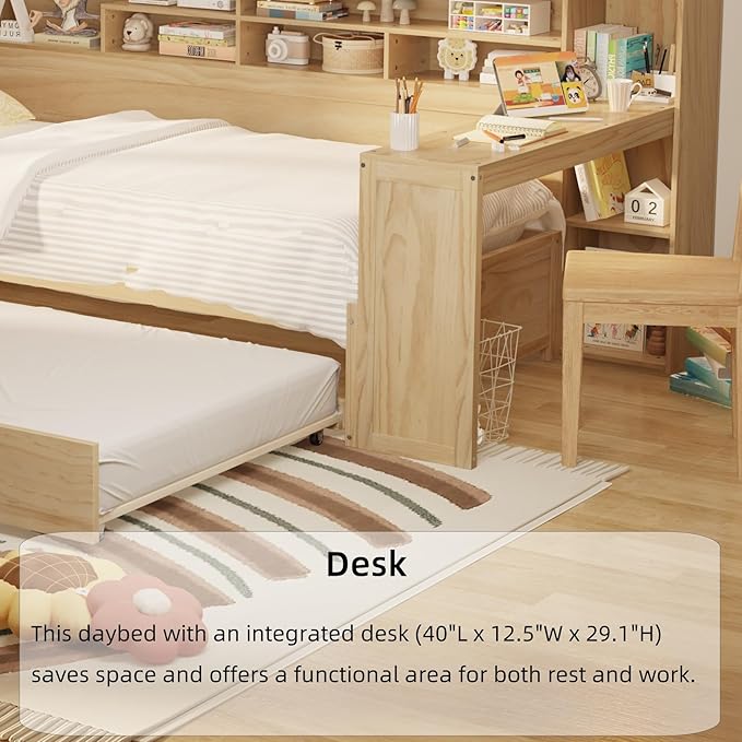 Merax Twin Size Corner Bed Frames with Desk and Trundle & Storage Shelves Headboard, Pinewood U-Shaped Captain Daybed for Small Room, Bedroom, Guest Room, Kids' Room, Natural