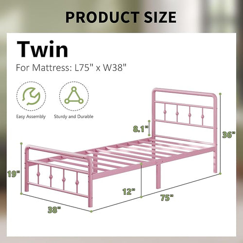 12 Inch Twin Bed Frames with Headboard and Footboard, Heavy Duty Twin Metal Mattress Foundation No Box Spring Needed, Noise Free, Easy Assembly, Pink