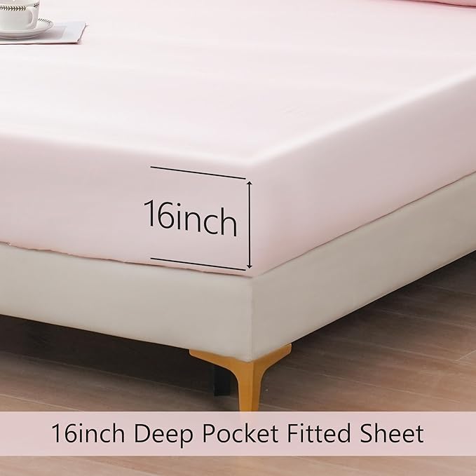 Linen World King Size 400TC Cooling Bed Sheet Set - 100% Organically Grown Viscose Sheets, Silky Soft & Breathable, Deep Pocket Fits Up to 16", 4-Piece Sheets with Pillowcases,Baby Pink