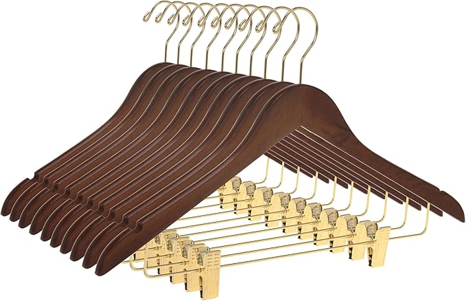 Quality Hangers Quality Wooden Skirt Hangers with Clips 80-Pack Walnut Pants Adjustable Gold Metal Clips, Swivel Hook, Coat, Jacket, Blouse Suit (Walnut - 80) 17.5'' inch