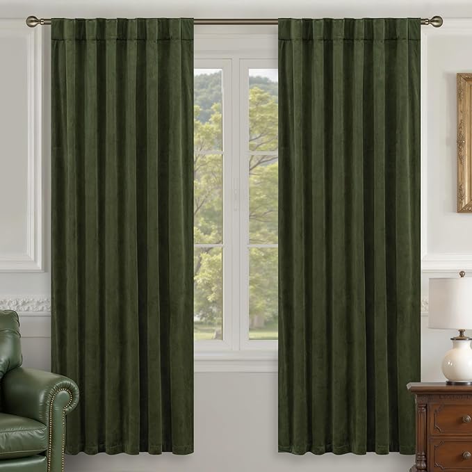 LAMIT Olive Green Velvet Curtains 72 Inch for Living Room, Luxury Thermal Insulated Blackout Curtains Room Darkening Christmas Back Tab and Rod Pocket Window Drapes for Bedroom, 2 Panels, 52 x 72 Inch