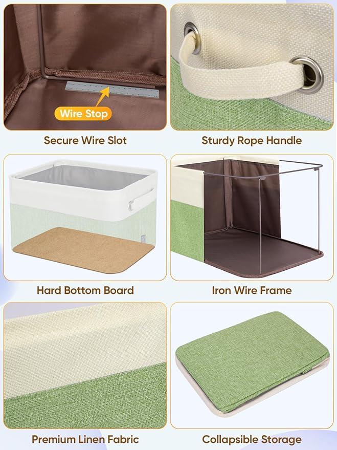 BALEINE 4 Pack Fabric Storage Bins for Shelves, Linen Storage Baskets for Organizing, Decorative Closet Bins for Clothes, Home (Green, 12"x8"x8")