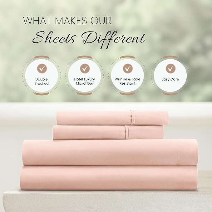 Linen Market Double-Brushed Microfiber Queen Sheet Set 4 Piece – Oeko-TEX Certified Ultra Soft & Wrinkle-Free - 16" Deep Pocket Sheets - Easy Care Queen Size - Blush
