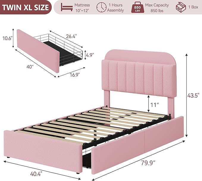 Twin XL Bed Frame with Storage Headboard and 2 Drawers, Boucle Upholstered Platform Bed with Bookcase, Modern Kids Twin XL Bed Frames for Small Rooms, No Box Spring Needed, Easy Assembly, Light Pink
