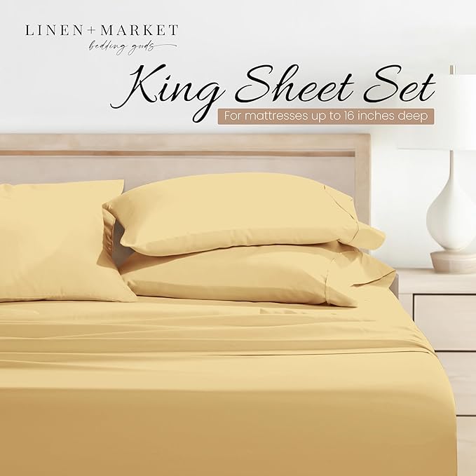 Linen Market Brushed Microfiber King Sheet Set 4 Piece – Oeko-TEX Certified Ultra Soft & Wrinkle-Free - 16" Deep Pocket Sheets - Easy Care King Size - Gold