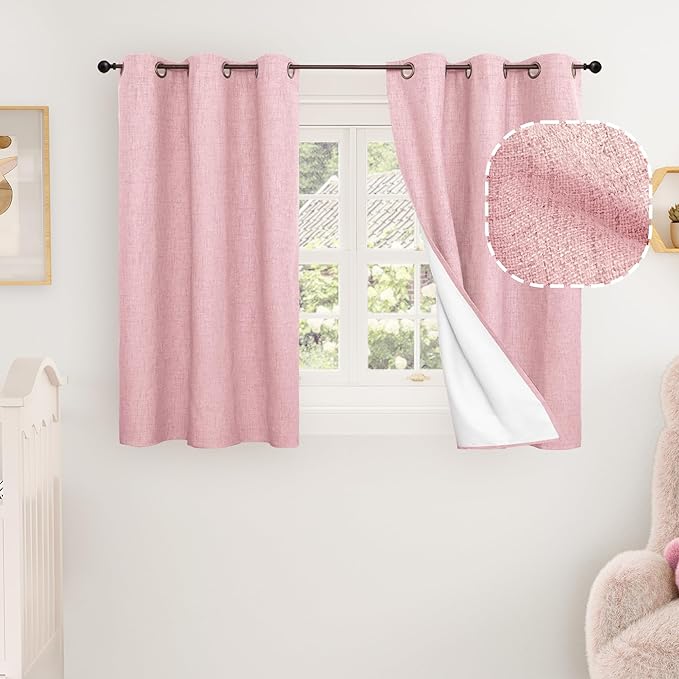 Baby Pink Linen Blackout Curtains for Nursery 45 Inch Length 2 Panels, Short Thermal Insulated Boho Total Black Out Noise Reducing Small Window Curtains for Girls Bedroom, Each 38 Inch Wide