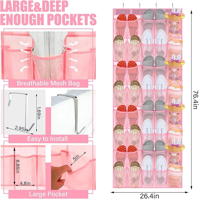 Windyun 40 Over the Door Shoe Organizer Large Breathable Mesh Pockets Pink Hanging Shoe Rack for Closet Behind Door Hanger Storage Holder Nonslip Hooks for Women Entryway Bedroom Utility Room