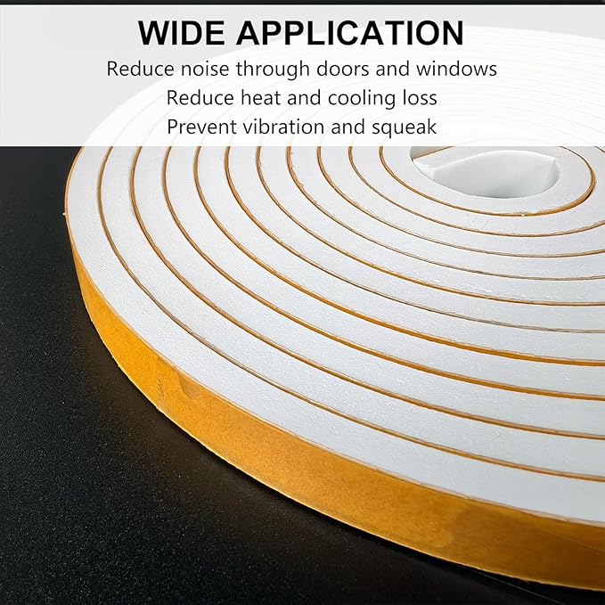 Weather Stripping Door Seal Strip, Strong Adhesive, Weatherproof, Reduce Noise, Gap Filler, Foam Insulation Tape for Doors and Windows (1/2 in x 1/4 in x 26 Ft), White