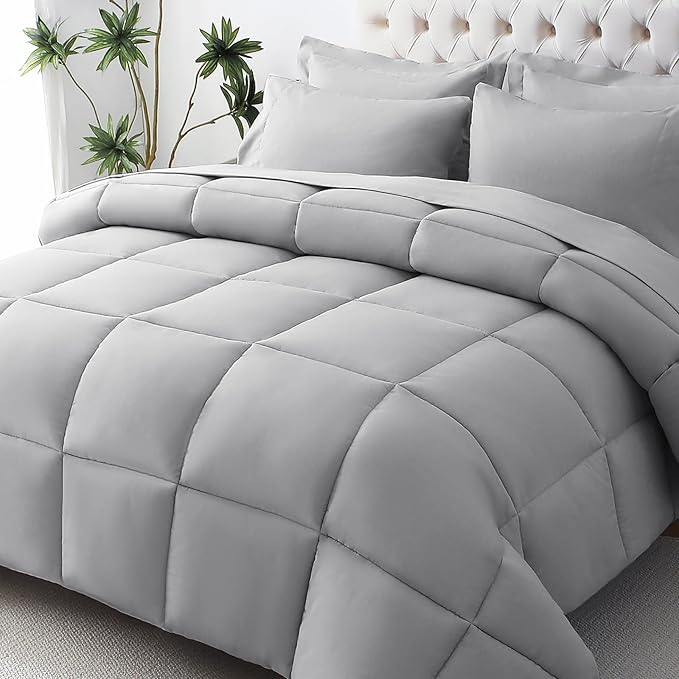 JOLLYVOGUE Full Comforter Set, Ultra-Soft Bed in a Bag Full Size 7 Pieces, Oeko-TEX Certified Bedding Set with Down Alternative Comforter, Sheets, Pillowcases & Shams, Light Grey