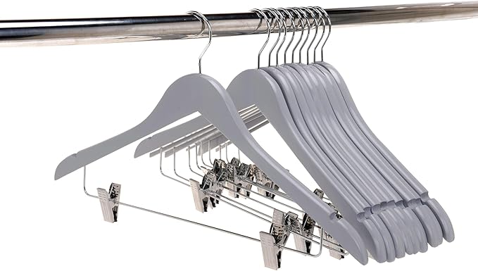 Quality Wooden Semi Curved Skirt Hangers with Clips, 10-Pack Smooth Solid Wood Pants Hangers with Durable Adjustable Metal Clips, Swivel Hook, Coat, Jacket, Blouse Suit Hangers (Gray, 10)