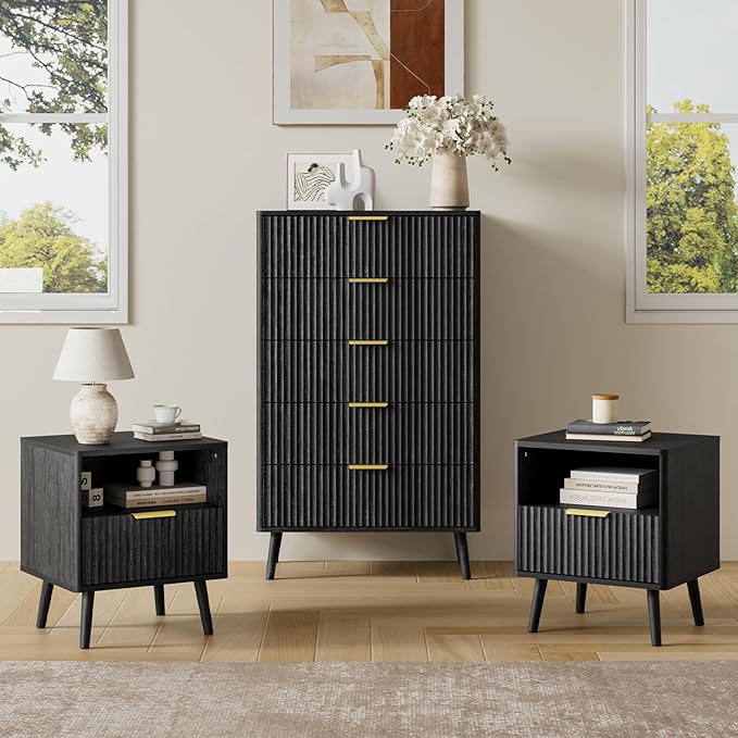 LYNSOM Fluted Dresser and Nightstand Sets 3 Piece, 5-Drawers Dresser and 1-Drawer Nightstands Set of 2, Wood Bedroom Furniture Set for Home, Bedroom, Hallway, Black