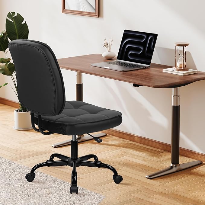 CLATINA Armless Home Office Chair with Lumbar Support and Wheels, Small PU Leather Ergonomic Low Back Desk Chairs No Arms, Adjustable Height 360° Swivel Rolling Computer Task Chair, Black, 4 Pack