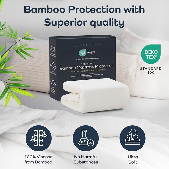 Olive + Crate 100% Viscose Bamboo Mattress Protector - Eco-Concious Cooling Bamboo Mattress Cover - Waterproof Hypoallergenic Protection - Breathable King Size Shield Against Dust & Spills