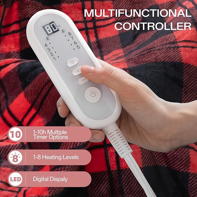 Heated Electric Blanket Twin Size 84" x 62", 8 Heat Settings, 10-Hour Selectable Auto Shut-Off, Fast Heating Blanket, Machine Washable, Warm and Cozy Red Black Plaid Checkered Sherpa Blanket,