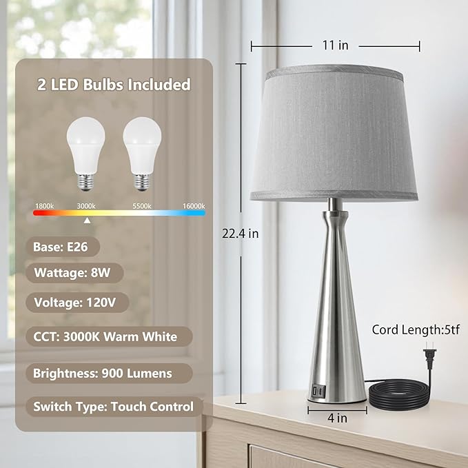 Seealle Modern Table Lamps Set of 2 - Touch Bedside Lamp for Nightstand with Dual USB C+A,3-Way Dimmable Silver Nightstand Lamps for Living Room Bedroom End Table with Grey Shade(Bulb Included)