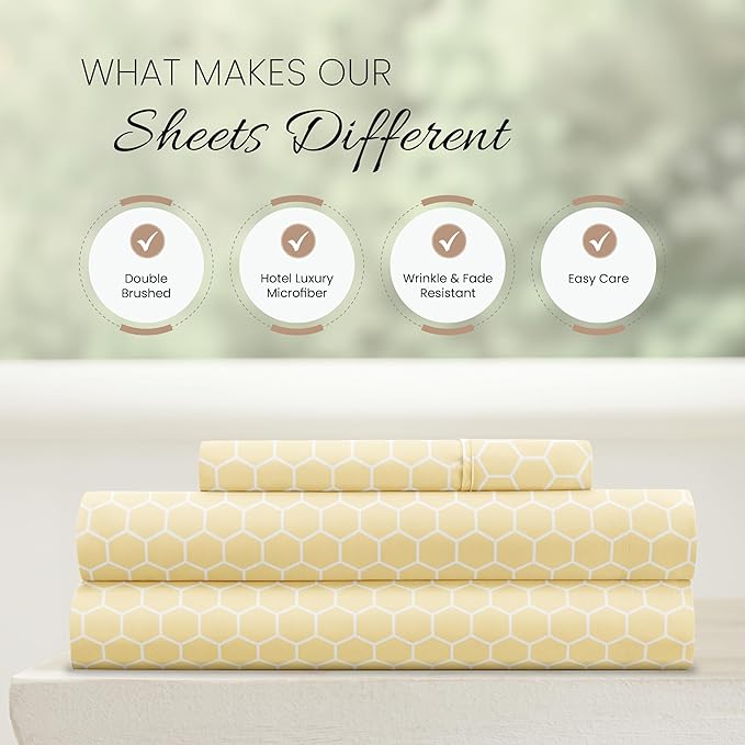 Linen Market Patterned Microfiber Twin Sheet Set 3 Piece – Oeko-TEX Certified Ultra Soft & Wrinkle-Free - 16" Deep Pocket Sheets - Easy Care Twin Size - Honeycomb Yellow