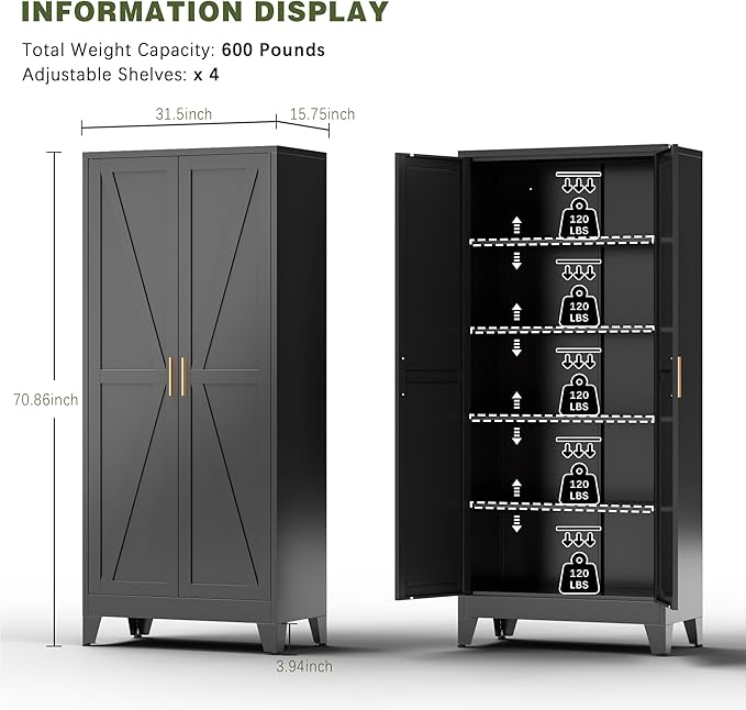 COFaR Black Farmhouse Storage Kitchen Pantry Cabinet with 2 Barn Door, 4 Adjustable Shelves and Legs, for Cupboard/Dining Room/Bathroom/Living Room/Office/Laundry Room (Black, 71" Farmhouse)