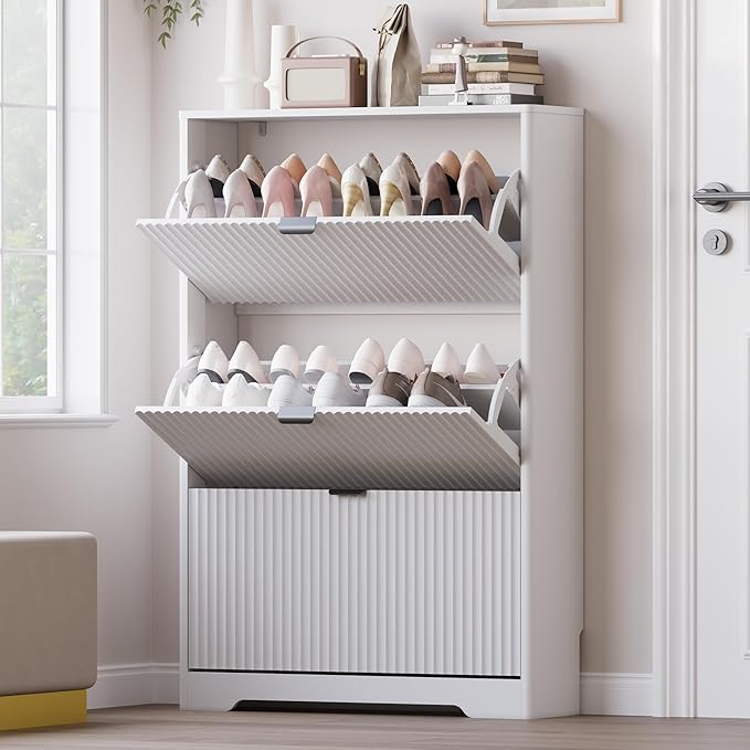 Entryway Shoe Cabinet with 3 Flip Drawers, Narrow Shoe Organizer Cabinet with Fluted Panel and Adjustable Shelves for Foyer, Hallway