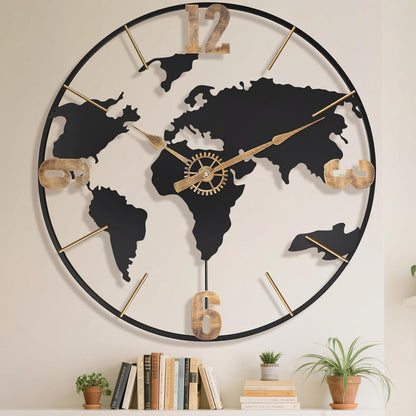 24 Inch Large Wall Clock,Modern Decorative Big World Map with Vintage Gold Arabic Numeral Extra Giant Metal Oversized Wall Clocks for Living Room,Office,Kitchen,Dining Room,Bedroom