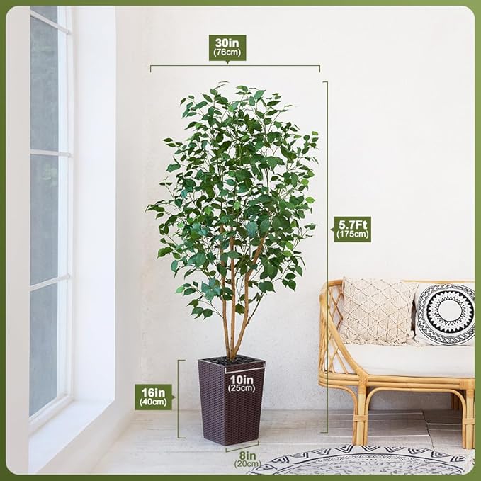 6ft Artificial Ficus Tree,Tall Faux Tree with Silk Leaves & Real Wood Trunk,UV Resistant Potted Fake Plant with Pebbles & Planter-Indoor Outdoor Floor Plant for Home Living Room,VN129