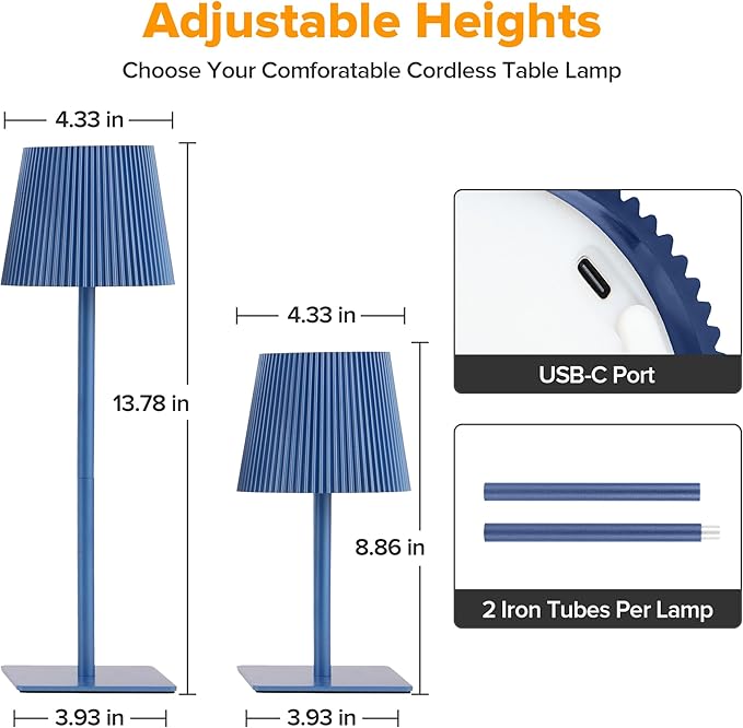 LUTEC 4 Pack Cordless Table Lamp,6000mAh Rechargeable Battery Operated Desk Lamp,Two Adjustable Heights,Waterproof, Touch Control & 3 Color Stepless Dimming for Restaurant/Bedroom/Bars/Outdoor (Blue)
