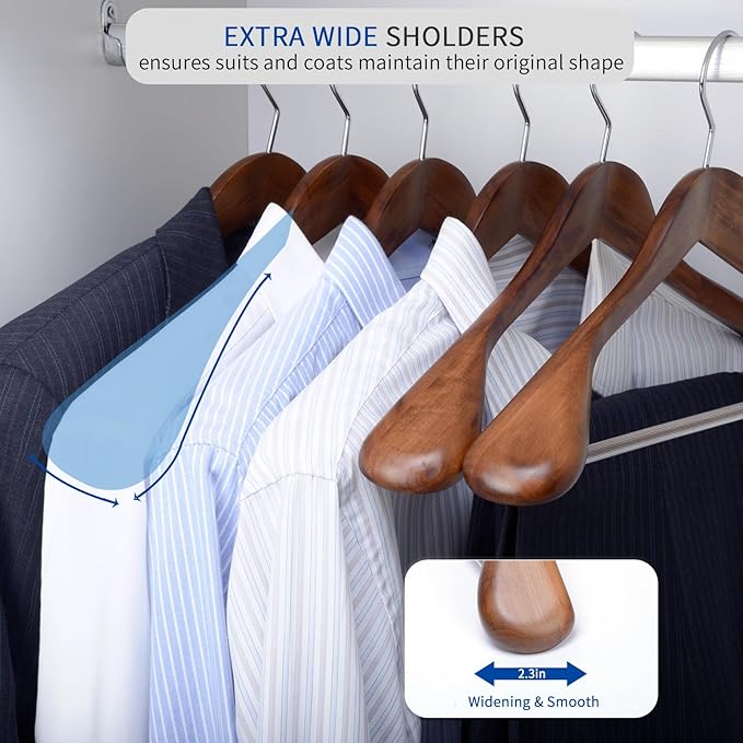 Nature Smile Luxury Wooden Suit Hangers 12 Pack Wood Coat Hangers Jacket Outerwear Shirt Hangers,with Extra-Wide Shoulder, 360 Degree Swivel Hooks & Anti-Slip Bar with Screw(Retro Color)