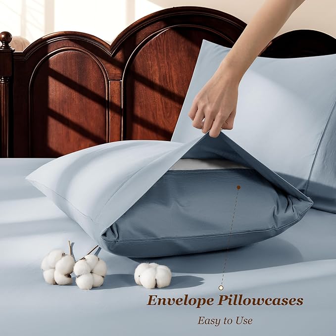 LBRO2M 1000 Thread Count 100% Egyptian Cotton Sheets Set Full Size, 4 Piece Sets Bed Sheet Deep Pocket Sheet Set 16" Soft Comfortable All Season (Full, French Blue)