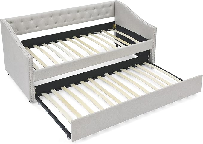 Favfurish Upholstered Twin Size Daybed with Twin Trundle, Solid Wooden Sofa Bed Frame w/Button Tufted Backrest and Copper Nail on Waved Shape Arms, No Spring Box Need, Space-Saving Design