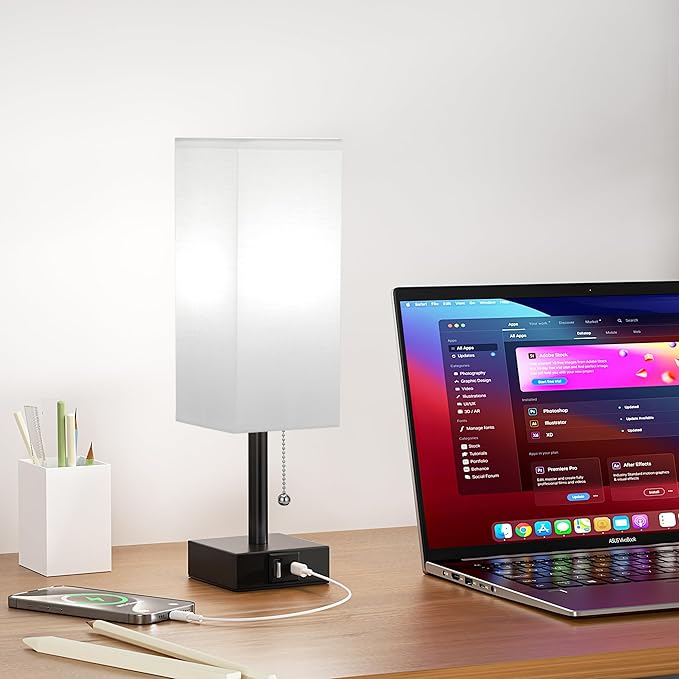 White Small Table Lamp for Bedroom - 3 Color Temperature 3000K 5000K 4000K Bedside Lamp, Pull Chain Control, USB A and C Charging Ports, Black Base, for Kids Office Dorm Nightstand, Bulb Included