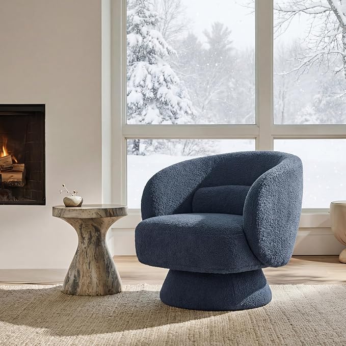 Swivel Accent Chair, Modern 360 Degree Swivel Barrel Chair with Arms & Curved Back and Lumbar Support Cushion, Comfy Round Single Boucle Sofa for Small Space, Living Room, Bedroom, Blue