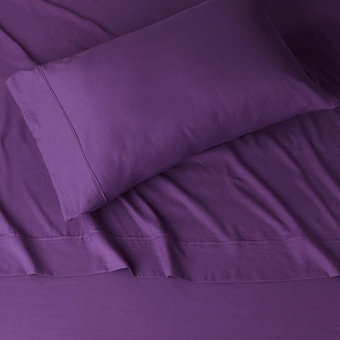 Amazon Basics Lightweight Super Soft Easy Care Wrinkle Free Microfiber 3 Piece Bed Sheet Set with 14-Inch Deep Pockets, Twin, Plum, Solid, Kids, Men & Women Bedding (Pack of 4)