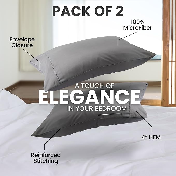 Pillow Covers by Utopia Bedding - Queen Size 2-Pack – Soft Brushed Microfiber – Perfect for Hospitals, Hotels, Guest Rooms – Oeko-TEX Certified, 20x30 Inches (Grey)
