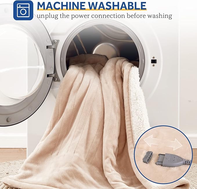 SEALY Electric Blanket Queen Size, Flannel & Sherpa Heated Blanket with 10 Heat Setting & 1-12 Hour Auto Shut Off, Fast Heating Blanket, Machine Washable, Beige, 84 x 90 Inch