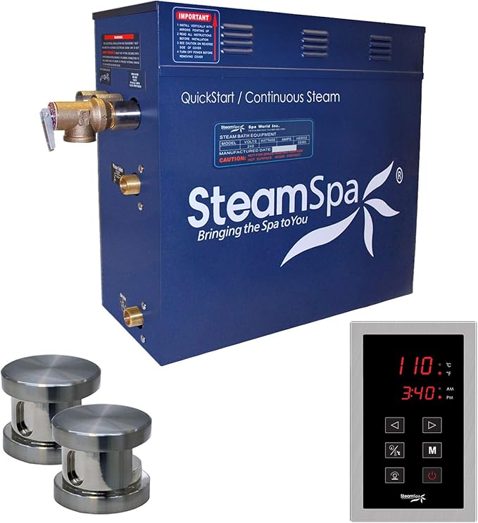 STEAMSPA 10.5kW Steam Sauna Generator Sentry Series 240V Steam Generator with Touch Screen, Steamhead, Built-in Steam Shower Auto Drain, ACU Quickstart Steam Bath Generator (Brushed Nickel)