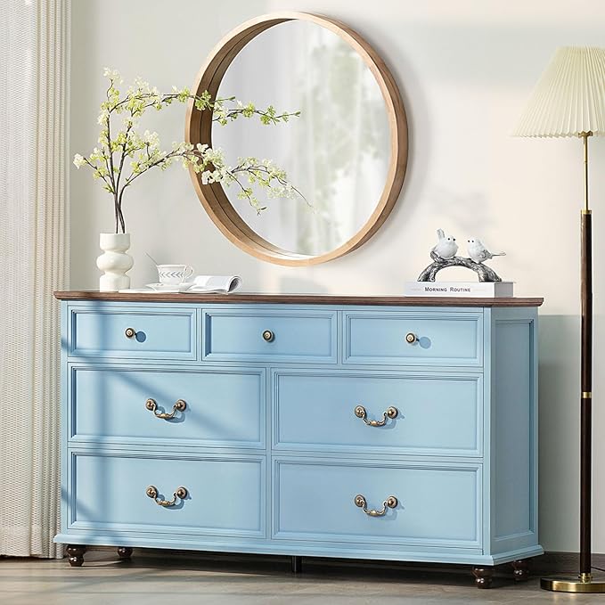 Farmhouse Furniture Set, Nightstands Set of 2 and 7 Drawers Dresser for Bedroom, 54 Inch Wide Wood Dresser and 24" Night Stands with Charging Station for Bedroom, Living Room, Hallway