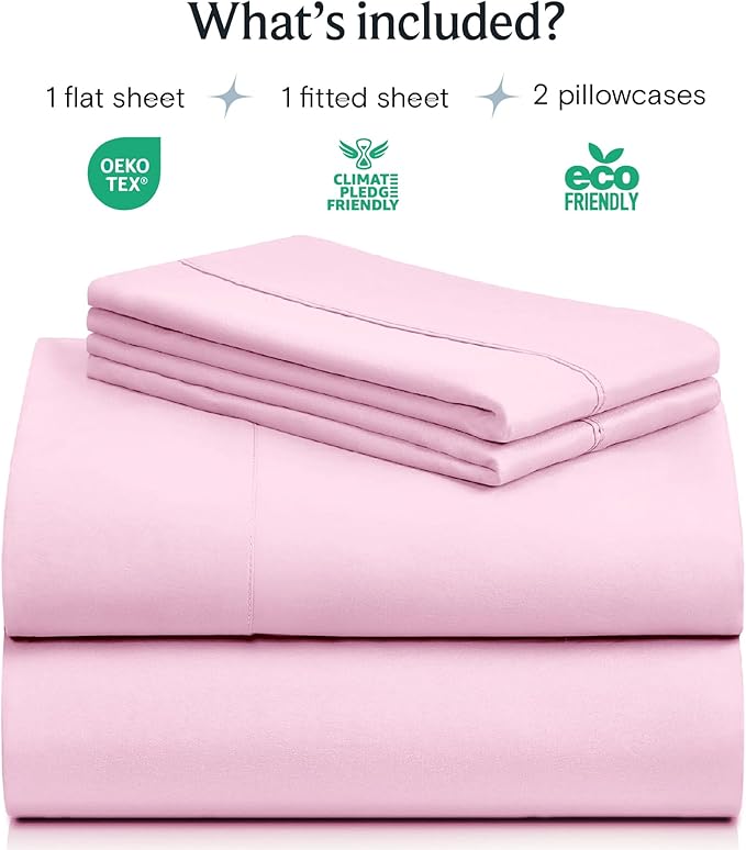 LuxClub 4 PC Sheet Set Bed Sheets Deep Pockets 16" Eco Friendly Wrinkle Free Cooling Machine Washable Hotel Bedding Silky Soft - Powder Pink Queen