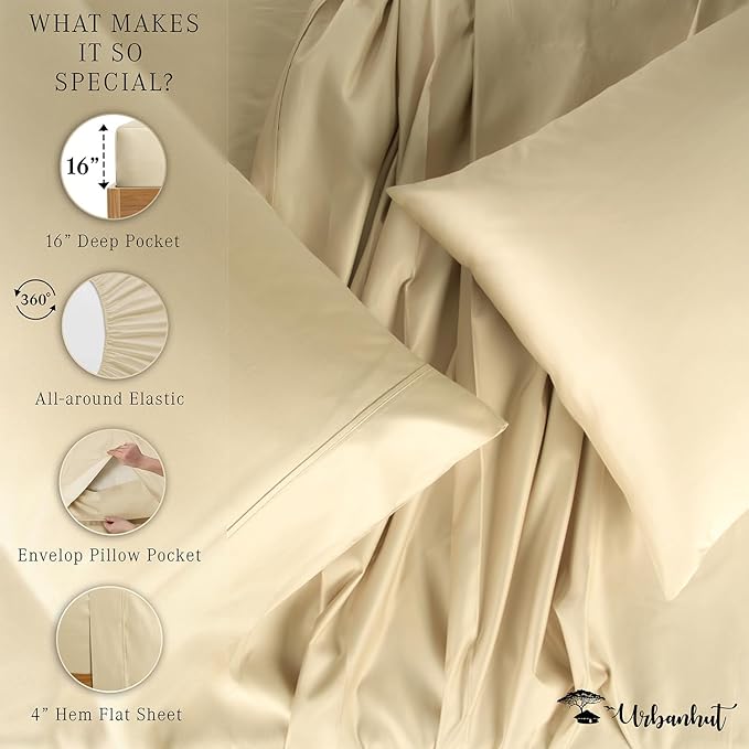 URBANHUT 800 Thread Count 100% Cotton California King Size Sheets, Luxury 4 Piece Cal King Bedsheets, Hotel Sheets Sateen Finish - Better Than Egyptian, 16" Elasticized Deep Pocket - Sand